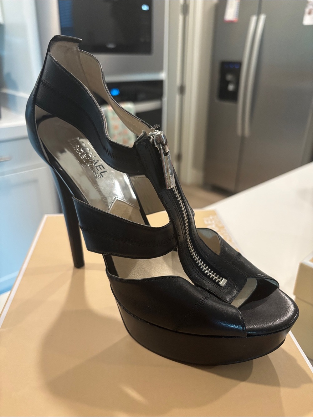 Michael Kors Black Leather Cutout Peep-Toe Platform Heel with Front Zipper